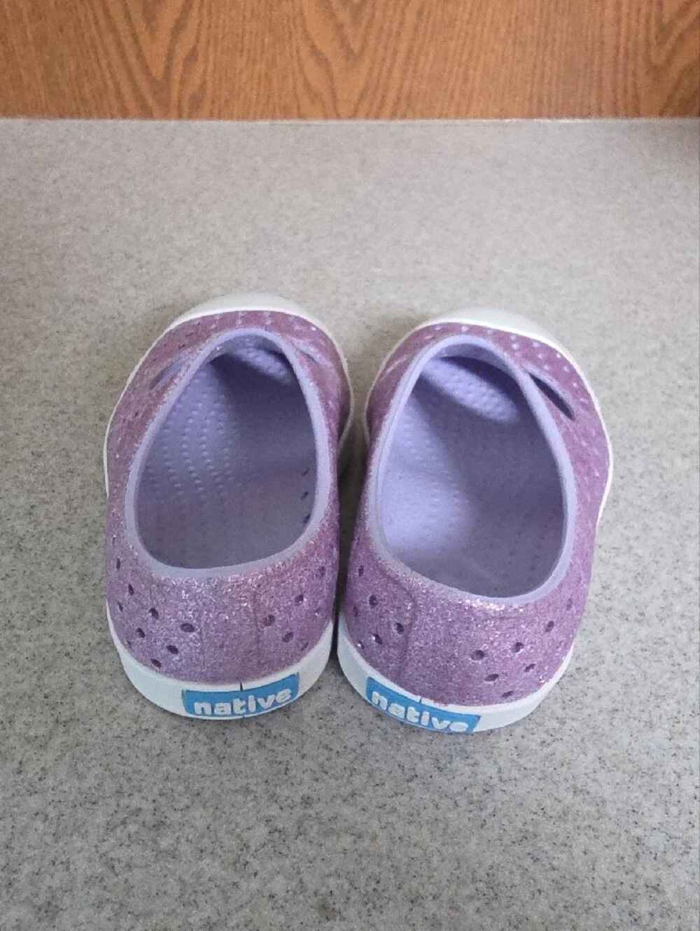 Native Shoes Kids Glitter Mary Jane in Purple with White Toe Cap
